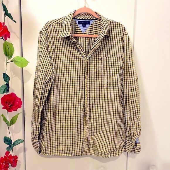 🌷 Tommy Hillfiger🌷Yellow & Navy Blue Plaid Button Down Shirt - Picture 3 of 7